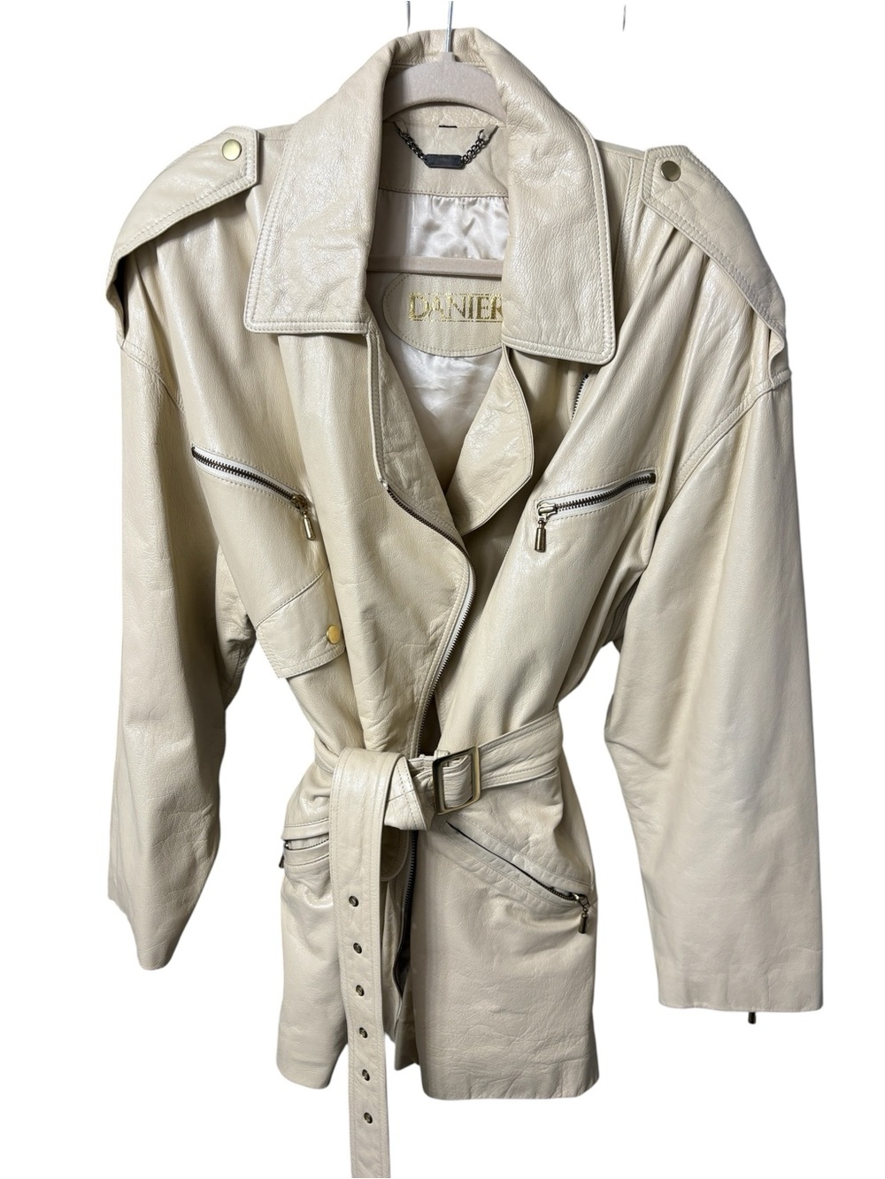 Vintage Danier Leather Classic Belted Jacket - Cream, SZ XL